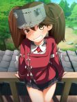  1girl brown_eyes brown_hair brown_skirt day flat_chest japanese_clothes kantai_collection kariginu long_sleeves looking_at_viewer magatama miniskirt mofu_namako outdoors railing remodel_(kantai_collection) ryuujou_(kantai_collection) skirt sky smile solo standing tree twintails visor_cap 