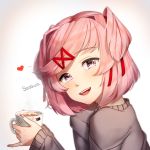  1girl :d artist_request commentary cup doki_doki_literature_club english_commentary eyebrows_visible_through_hair from_side hair_ornament hair_ribbon hairclip heart highres holding holding_cup looking_at_viewer looking_to_the_side nail_polish natsuki_(doki_doki_literature_club) open_mouth pink_eyes pink_hair pink_nails pinky_out red_ribbon ribbon sasoura short_hair simple_background smile solo two_side_up 