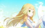  1girl blonde_hair blue_sky braid clouds day dress from_side green_eyes hat holding holding_hat lillie_(pokemon) long_hair looking_to_the_side miu_(miuuu_721) petals pokemon pokemon_(game) pokemon_sm sky sleeveless sleeveless_dress solo sun_hat twin_braids white_dress white_hat 