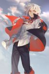  1boy black_cape black_pants cape clouds cloudy_sky copyright_request grey_sky long_sleeves male_focus multicolored multicolored_cape multicolored_clothes neck_ribbon pants parted_lips red_cape red_eyes red_neckwear ribbon shirt sky solo white_hair white_shirt yamakawa 