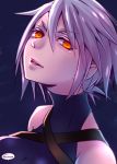  1girl aqua_(kingdom_hearts) bangs bare_shoulders colored_eyelashes dark_skin eyebrows_visible_through_hair eyes_visible_through_hair hair_between_eyes head_tilt kingdom_hearts kingdom_hearts_iii looking_at_viewer orange_eyes parted_lips short_hair silver_hair solo tamaki_(tmk-poison) turtleneck twitter_username upper_body 