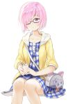  1girl animal_bag bag black-framed_eyewear blue_dress can checkered checkered_dress closed_mouth commentary_request dress fate/grand_order fate_(series) fou_(fate/grand_order) glasses hair_over_one_eye highres holding hood hooded_jacket invisible_chair jacket knees_together_feet_apart looking_at_viewer mash_kyrielight one_eye_covered pink_hair short_hair shoulder_bag sibyl simple_background sitting smile solo thigh-highs violet_eyes white_background yellow_jacket 