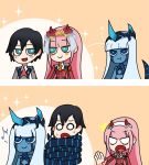  001_(darling_in_the_franxx) 1boy 2girls 2koma :t bangs black_hair blank_eyes blue_eyes blue_horns blue_skin blush_stickers comic commentary commentary_request darling_in_the_franxx eyebrows_visible_through_hair facial_scar flower fringe green_eyes hair_flower hair_ornament highres hiro_(darling_in_the_franxx) horns jealous light_blue_hair long_hair looking_at_another mato_(mozu_hayanie) military military_uniform multiple_girls musical_note necktie netorare oni_horns orange_neckwear parody pink_hair pout red_horns red_neckwear scar short_hair silent_comic spoken_musical_note style_parody sweat uniform user_cvct8874 zero_two_(darling_in_the_franxx) 