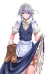  1girl apron blue_dress blue_eyes boots bow braid breasts brooch brown_footwear colored_eyelashes commentary_request cowboy_shot dress dress_lift ear_piercing eyebrows_visible_through_hair frilled_apron frills gloves green_bow hair_between_eyes hair_bow highres holding_boots holding_footwear holster izayoi_sakuya jewelry looking_at_viewer maho_(yakimorokoshi) maid maid_apron maid_headdress medium_breasts petticoat piercing pink_lips puffy_short_sleeves puffy_sleeves short_hair short_sleeves silver_hair simple_background solo standing thigh_holster touhou twin_braids white_apron white_background white_gloves wing_collar 