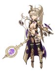  1girl absurdres aqua_eyes armor armored_boots blonde_hair boots breasts cape cleavage gloves headgear highres holding holding_staff light_smile long_hair looking_at_viewer midriff navel original ponytail purple_cape simple_background smile solo sookmo staff white_background 