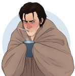  1boy black_hair blanket cold cup grey_background highres holding holding_cup hot_drink looking_at_viewer male_focus mouth_hold noah_asai sebastian_castellanos solo the_evil_within thermometer white_background 