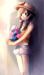  bare_shoulders berry black_eyes blurry braid brown_hair floral_print food fruit halterneck hat highres holding long_hair midriff mizuki_(pokemon) navel pokemon pokemon_(game) pokemon_usum puffy_shorts ririmon shorts straw_hat tank_top twin_braids 