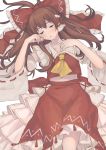  1girl absurdres ascot bow brown_eyes brown_hair commentary_request detached_sleeves hair_bow hair_spread_out hair_tubes hakurei_reimu half-closed_eyes highres long_hair long_sleeves lying on_back parted_lips red_bow red_skirt red_vest skirt solo touhou vanilla_(miotanntann) vest wide_sleeves yellow_neckwear 