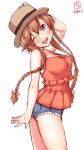  1girl alternate_costume arched_back artist_logo blouse braid brown_hair casual commentary_request dated denim denim_shorts grey_eyes hat highres holding holding_hat kanon_(kurogane_knights) kantai_collection light_brown_hair long_hair one_eye_closed open_mouth orange_blouse short_shorts shorts simple_background smile solo spaghetti_strap teruzuki_(kantai_collection) twin_braids white_background 