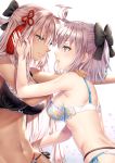 2girls bangs bare_arms bare_shoulders black_bow black_bra black_panties blush bow bow_bra bra breasts closed_mouth commentary_request eye_contact eyebrows_visible_through_hair fate/grand_order fate_(series) fingernails floral_print grey_eyes hair_between_eyes hair_bow hair_ornament hakuda_tofu half_updo hand_in_hair hand_on_another&#039;s_shoulder highres koha-ace large_breasts long_hair looking_at_another multiple_girls navel okita_souji_(alter)_(fate) okita_souji_(fate) okita_souji_(fate)_(all) outstretched_arm panties parted_lips print_bra profile side-tie_panties silver_hair simple_background smile tassel translated underwear underwear_only very_long_hair white_background white_bra white_panties yuri 