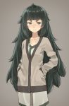  1girl absurdres bangs blunt_bangs collarbone cowboy_shot dress flat_chest green_eyes green_hair grey_background hands_in_pockets highres hiyajou_maho jacket long_hair looking_at_viewer minamito simple_background solo steins;gate steins;gate_0 thick_eyebrows 