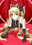 1girl all_fours bangs barefoot bed_sheet black_gloves blonde_hair breasts elbow_gloves ereshkigal_(fate/grand_order) eyebrows_visible_through_hair fate/grand_order fate_(series) fur_trim gloves hair_between_eyes hair_ornament highres indoors long_hair medium_breasts red_eyes sleeves smile solo ttkm very_long_hair 