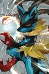  closed_mouth energy_ball fighting_stance gen_4_pokemon hankuri looking_at_viewer lucario no_humans pokemon pokemon_(creature) solo sparkle spikes yellow_eyes 