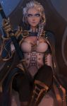  1girl artist_name blue_eyes braid breasts cape cleavage commentary english_commentary gauntlets highres jaina_proudmoore long_hair looking_at_viewer matilda_vin medium_breasts serious silver_hair sitting solo staff warcraft world_of_warcraft 
