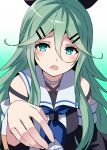  1girl artist_name blue_neckwear blush commentary_request dated green_eyes green_hair hair_between_eyes hair_ornament hair_ribbon hairclip highres kamelie kantai_collection long_hair looking_at_viewer neckerchief open_mouth ribbon school_uniform serafuku solo yamakaze_(kantai_collection) 