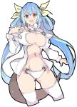  1girl blue_hair breasts cleavage dizzy enpe guilty_gear highres large_breasts navel red_eyes ribbon solo tail thigh-highs under_boob yellow_ribbon 