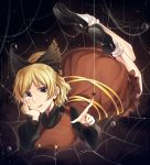  1girl arm_support black_bow black_footwear black_shirt blonde_hair bow brown_dress bug commentary_request dress full_body hair_bow highres index_finger_raised kaede_(mmkeyy) kurodani_yamame long_sleeves looking_at_viewer ponytail shirt shoes silk socks solo spider spider_web touhou white_legwear yellow_eyes 