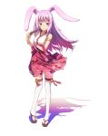  1girl animal_ears arm_up armlet bell bracelet breasts fan folding_fan full_body hair_ornament hairclip highres japanese_clothes jewelry jingle_bell kemo_(pokka) long_hair miko original pendant purple_hair rabbit_ears red_skirt sandals shadow shirt sideboob skirt sleeveless sleeveless_shirt smile solo thigh-highs violet_eyes white_legwear white_shirt wind wind_lift 