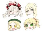  4girls :d blonde_hair blush character_request chibi closed_eyes closed_mouth commentary_request facing_viewer fang fate/grand_order fate_(series) green_eyes green_hat grey_hair hair_between_eyes hair_ornament hair_scrunchie hat highres jako_(jakoo21) looking_at_viewer marie_antoinette_(fate/grand_order) mordred_(fate) mordred_(fate)_(all) multiple_girls open_mouth paul_bunyan_(fate/grand_order) ponytail scrunchie sharp_teeth simple_background smile teeth twintails v-shaped_eyebrows white_background 