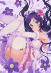  1girl breasts dress elbow_gloves fetal_position gloves green_eyes highres large_breasts long_hair love_live! love_live!_school_idol_project low_twintails purple_hair tam-u thigh-highs toujou_nozomi twintails white_legwear 