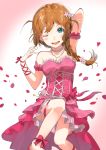  1girl absurdres aqua_eyes arm_up baba_konomi bare_shoulders blurry blush bow braid breasts brown_hair cleavage commentary_request depth_of_field dress flower hair_flaps hair_flower hair_ornament highres idolmaster idolmaster_million_live! idolmaster_million_live!_theater_days jewelry long_hair looking_at_viewer necklace one_eye_closed pearl_necklace petals pink_dress ribbon rose_petals single_braid small_breasts smile solo yuru_mame 