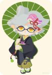  +_+ 1girl black_kimono closed_mouth domino_mask earrings full_body geta green_umbrella grey_hair hair_ornament hair_rings holding holding_umbrella hotaru_(splatoon) japanese_clothes jewelry kimono long_sleeves mask oriental_umbrella pointy_ears rizu_(rizunm) short_hair socks solo splatoon splatoon_2 symbol-shaped_pupils tabi tentacle_hair twitter_username umbrella white_legwear wide_sleeves yellow_eyes 