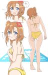  1girl adjusting_clothes adjusting_swimsuit ass bikini blue_eyes commentary_request flower from_behind full_body hair_flower hair_ornament highres kousaka_honoka love_live! love_live!_school_idol_project multiple_views one_side_up orange_hair simple_background surprised swimsuit tetopetesone white_background yellow_bikini 