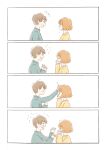  /\/\/\ 1boy 1girl 4koma :o =_= absurdres arm_up bangs blue_sweater blunt_bangs blush_stickers brown_hair clenched_hand closed_eyes closed_mouth comic crying crying_with_eyes_open eye_contact eyebrows_visible_through_hair flying_sweatdrops from_side furrowed_eyebrows hand_up hands_up highres itunohika light_brown_hair long_sleeves looking_at_another motion_lines nervous open_hands open_mouth original panicking parted_lips petting profile sad silent_comic simple_background surprised sweat sweater tareme tearing_up tears upper_body v-shaped_eyebrows white_background wiping_tears yellow_sweater 