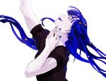  1other androgynous bangs blue_eyes blue_hair blue_nails blush gem_uniform_(houseki_no_kuni) houseki_no_kuni lapis_lazuli_(houseki_no_kuni) long_hair nail_polish necktie open_mouth simple_background smile solo tezo_(mokka_mk) white_background 