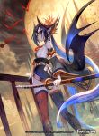  1girl bat black_hair black_sclera blue_hair clouds copyright_name facial_mark force_of_will hair_ornament hair_stick lack long_hair moon multicolored_hair nail_polish night night_sky official_art pale_skin pointy_ears red_eyes reiya_(force_of_will) sky solo sword thigh-highs two-tone_hair vampire weapon 