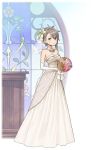  1girl ange_(princess_principal) bare_shoulders blue_eyes bouquet braid breasts bridal_gauntlets cleavage dress earrings flower full_body gloves grey_hair hair_flower hair_ornament highres holding holding_bouquet indoors jewelry light_smile lily_(flower) looking_at_viewer necklace official_art princess_principal princess_principal_game_of_mission short_hair solo stained_glass standing stud_earrings white_dress white_gloves 
