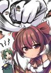  2girls absurdres animal_ears animal_hat apron bangs bell blush bow breasts brown_eyes brown_hair cat_ears cat_hat cleavage clenched_hand closed_mouth commentary_request dejiko di_gi_charat dice_hair_ornament dutch_angle dyson_(edaokunnsaikouya) eating eyebrows_visible_through_hair food green_eyes green_hair hair_bell hair_between_eyes hair_bow hair_ornament hat highres holding holding_food jingle_bell long_hair looking_at_viewer majin_gappa mittens mochi multiple_girls parted_bangs puffy_short_sleeves puffy_sleeves punching rabbit_ears red_bow shirt short_sleeves small_breasts twintails two_side_up usada_hikaru white_apron white_background white_hat white_mittens white_shirt 