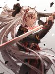  1girl bow breasts cherry_blossoms cleavage cleavage_cutout dark_skin fate/grand_order fate_(series) hair_bow hair_ornament highres holding holding_sword holding_weapon katana koha-ace long_hair looking_at_viewer mento okita_souji_(fate) okita_souji_alter_(fate) petals pink_hair solo sword tagme type-moon very_long_hair weapon 