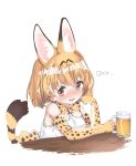  1girl absurdres alcohol animal_ears animal_ears_(artist) bare_shoulders beer_mug blonde_hair blush commentary_request drunk elbow_gloves eyebrows_visible_through_hair fang gloves highres kemono_friends korean multicolored_hair nose_blush serval_(kemono_friends) serval_ears serval_print serval_tail short_hair sitting skirt sleeveless solo tail translation_request 