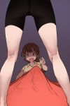  2girls absurdres aomushi_(mushamusha) ass ass_focus bangs between_legs bike_shorts blanket brown_eyes brown_hair collared_shirt from_behind from_below girls_und_panzer groin head_out_of_frame highres isobe_noriko kneepits long_hair multiple_girls open_mouth rukuriri scared shirt under_covers you_gonna_get_raped 