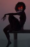 1girl absurdres black_hair bodysuit commentary elbow_on_knee english_commentary freckles glowing glowing_eyes grey_skin highres kay_(sea_of_solitude) knee_up looking_at_viewer looking_to_the_side matilda_vin monster_girl parted_lips red_eyes red_sclera sea_of_solitude short_hair sitting solo yellow_eyes 