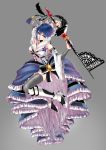  1girl alternate_costume aqua_(kingdom_hearts) bangs bare_shoulders blue_eyes blue_hair blue_nails bow breasts cleavage cross detached_sleeves eyebrows_visible_through_hair feathers fingernails frills full_body grey_background grey_legwear hair_between_eyes high_heels highres holding holding_weapon keyblade kingdom_hearts kingdom_hearts_birth_by_sleep large_breasts long_sleeves nail_polish open_mouth short_hair solo tamaki_(tmk-poison) thigh-highs v-shaped_eyebrows weapon wide_sleeves 
