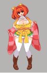  1girl apron bangs bell boots breasts checkered checkered_kimono full_body hair_bell hair_ornament huge_breasts japanese_clothes kimono long_sleeves looking_at_viewer lowres motoori_kosuzu pixel_art red_eyes redhead simple_background skindentation skirt smile solo standing takorin thigh-highs touhou wide_sleeves 