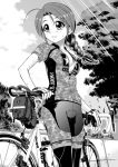  1girl ahoge bicycle blush bra braid clouds cloudy_sky commentary_request day ebifly greyscale ground_vehicle light_rays long_hair monochrome open_clothes open_shirt original outdoors pants pouch shirt short_sleeves sky smile solo standing sweat tree underwear 