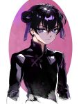  1boy bangs black_hair bright_pupils china_dress chinese_clothes closed_mouth commentary_request copyright_request double_bun dress earrings hair_between_eyes hair_ornament jewelry long_sleeves looking_at_viewer male_focus oollnoxlloo pink_background solo upper_body violet_eyes 