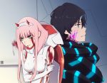  1boy 1girl bangs black_bodysuit black_hair blood blood_from_mouth blood_on_face blue_eyes blue_horns bodysuit breasts closed_eyes commentary couple darling_in_the_franxx facial_scar fringe gloves green_eyes hair_ornament hairband hand_on_own_arm hetero highres hiro_(darling_in_the_franxx) horns k_016002 long_hair medium_breasts oni_horns pilot_suit pink_hair red_horns scar short_hair torn_bodysuit torn_clothes white_bodysuit white_gloves white_hairband zero_two_(darling_in_the_franxx) 
