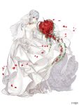  1girl anklet bare_shoulders bouquet dress expressionless eyebrows_visible_through_hair flower frilled_dress frills full_body grey_eyes grey_hair jewelry ji_no looking_at_viewer necklace official_art pale_skin petals rose sinoalice snow_white_(sinoalice) solo veil wedding_dress white_background 