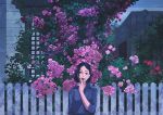  1girl black_hair blue_shirt collared_shirt commentary_request fence flower gemi head_tilt leaf looking_at_viewer original outdoors pink_flower pink_rose plant purple_flower purple_rose red_flower red_rose rose shirt solo violet_eyes 