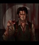  1boy alcohol black_hair bleeding blood collared_shirt cup dark drinking_glass facial_hair green_vest grin highres holding holding_drinking_glass indoors injury letterboxed looking_at_viewer male_focus mustache necktie noah_asai red_neckwear sebastian_castellanos shirt smile solo striped_neckwear stubble the_evil_within vest white_shirt wine wine_glass yellow_eyes 