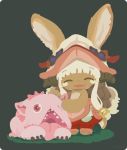  1girl :3 :d ^_^ animal_ears barefoot chibi closed_eyes eyebrows_visible_through_hair fang furry grass horns long_hair made_in_abyss mitty_(made_in_abyss) nanachi_(made_in_abyss) open_mouth pants rabbit_ears rizu_(rizunm) smile topless whiskers white_hair 
