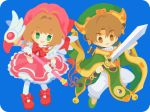  1boy 1girl :d antenna_hair blue_background bow bowtie brown_eyes brown_hair card_captor_sakura chibi dress fuuin_no_tsue gloves green_eyes green_hat hair_intakes hat holding holding_sword holding_wand holding_weapon kinomoto_sakura li_xiaolang looking_at_viewer magical_girl mary_janes open_mouth pantyhose pink_dress pink_hat red_footwear red_neckwear rizu_(rizunm) shoes smile sword wand weapon white_gloves white_legwear white_wings wings yin_yang 