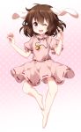  1girl ;d animal_ears barefoot brown_hair carrot_necklace feet full_body gradient gradient_background hands_up highres inaba_tewi jumping looking_at_viewer medium_hair one_eye_closed open_mouth pink_background polka_dot polka_dot_background puffy_short_sleeves puffy_sleeves rabbit_ears red_eyes ruu_(tksymkw) short_sleeves simple_background skirt skirt_set smile solo touhou 