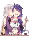  2girls ;d animal_ears apron bangs blush braid cooking doremy_sweet dress extra_ears hair_over_shoulder half_updo holding holding_ladle hug hug_from_behind jacket jewelry kishin_sagume kiss ladle long_hair long_sleeves multiple_girls one_eye_closed open_mouth pink_scrunchie purple_hair ring round_teeth sakikagami school_uniform short_hair silver_hair smile tail tapir_ears tapir_tail teeth touhou upper_body upper_teeth violet_eyes wedding_band white_background wife_and_wife yuri 
