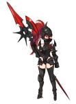  1girl absurdres armor armored_boots axe black_legwear boots covered_face gloves helmet highres holding holding_axe holding_spear holding_weapon long_hair original polearm ponytail red_eyes redhead simple_background solo sookmo spear thigh-highs weapon white_background 