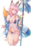  1girl animal_ears bikini bikini_bottom bikini_top fate/grand_order fate_(series) fox_ears fox_tail hakuishi_aoi innertube midriff navel parasol pink_hair shirt smile solo swimsuit tail tamamo_(fate)_(all) tamamo_no_mae_(swimsuit_lancer)_(fate) towel umbrella wet wet_clothes wet_shirt yellow_eyes 